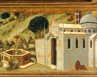 De första karmelitereremiterna vid Elias källa, detalj från predellan till altartavlan för Carmine, Pinacoteca Nazionale, Siena