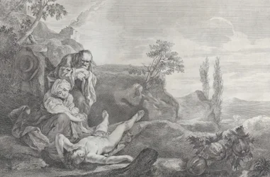 Adam och Eva till vänster, som ett äldre par, sörjande över Abels lik som ligger i..., 1743-63.