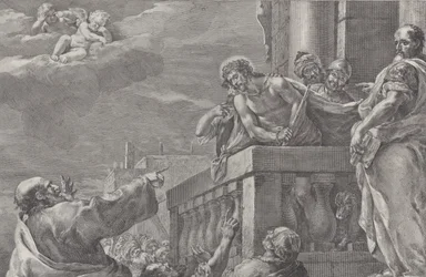 Kristus på en balkong omgiven av vakter, Pilatus står till höger och gestikulerar towa..., ca. 1730-39.