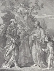 Sackeus omvändelse, med Kristus till höger tilltalande till skatteindrivaren, som sitter..., 1730-39.