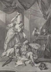 Jael slår en tältpinne i den sovande Siseras tempel, till höger a se..., ca. 1730-39.