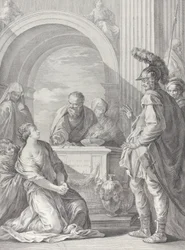 Jeftas dotter på knä vid offeraltaret, med sin far stående vid högra..., 1730-50.