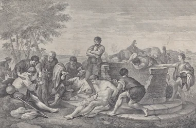 Josef såldes till slaveri av sina bröder, som sitter runt en brunn som delar upp c..., 1730-39.