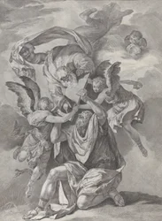 Moses tar emot lagens tavlor från Gud som stiger ner från himlen, från..., ca. 1730-39.