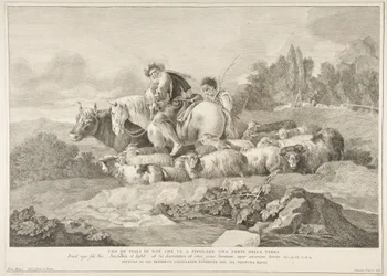 En av Noas söner som går för att befolka en del av jorden Uno de figli di Noè c..., 1743-63.