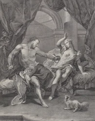 Simson och Delila satt på en säng, Simson river isär repen som binder hans hand..., ca. 1730-39.