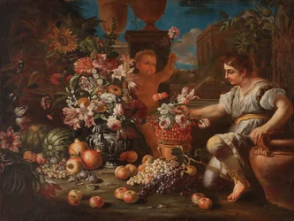 En pojke och en putto bland blommor och frukt