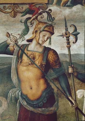 Leonidas I av Sparta (540-480 f.Kr.), kung av Lacedemonierna. Detalj av fresken "" Styrka och nykterhet med sex forntida hjältar "" av Pietro Vannucci dit il Perugino (The Perugin