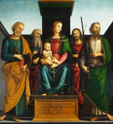 Madonna och barn på tronen med Saints John Baptist, Peter, Paul and John Evangelist, av Pietro Perugino (ca 1450-1523)