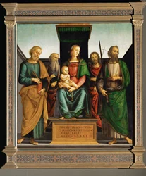 Madonna med heliga Petrus, Johannes Evangelisten, Johannes Döparen och Paulus (olja på poppelträ)