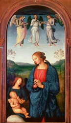 Polyptic of the Chartreuse of Pavia: "" Madonna har barnet och tre änglar"" Målning av Pietro Vannucci dit il Perugino (The Perugin