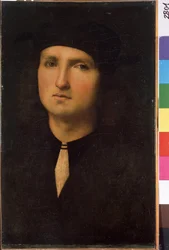 Porträtt av en ung man (Porträtt av en ung man). Målning av Pietro di Cristoforo Vannucci dit Pietro Perugino (Le Perugin
