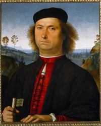 Porträtt av Francesco delle Operere. Han håller en rulla med uttrycket "Timete deum"" (Fear God)