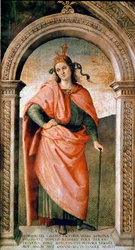 Representation av Censor Caton (234-149 f.Kr.), romersk politiker Fresco av Pietro Vannucci dit il Perugino (Perugin) (1445 / 1450-1523) 1497 ca. Sön 214x123 cm Perugia (Perugia), Collegio del Cambio