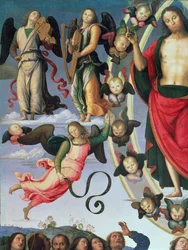 Kristi himmelsfärd, detalj av Kristus och musikeränglar, övre högra sektionen, 1495-98 olja på paneldetalj av 89700