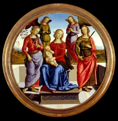 Jungfrun och barnet omgiven av två änglar, Saint Rose och Saint Catherine. Målning av Pietro Vannucci dit il Perugino (The Perugin