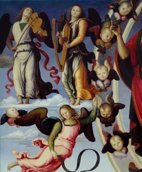 Kristi himmelsfärd Detalj av höger föreställande musikaliska änglar. Målning av Pietro Vannucci dit Il Perugino (The Perugin) (1450-1523) 1496 Lyon, Museum of Fine Arts