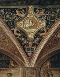 Warriors on Horseback takdekor. Målning av Perugino (Pietro Vannucci kallad il