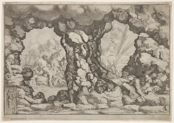 En jätte som lyfter ett stenblock i mitten, andra jättar till vänster och höger kämpar och rec..., ca. 1680.