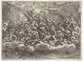 Samling av olika olympiska gudar och mytologiska figurer bland moln, Apollo at ce..., ca. 1680.