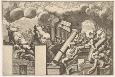 Jättar krossade av stenar och templets fallande pelare, rökmoln ovanför..., ca. 1680.