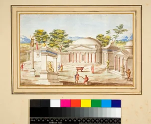 Landskap med Pantheon (svart krita, en del med penna och brunt bläck. färgad med akvarell)