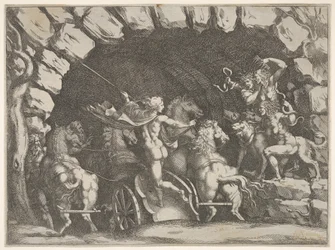 Pluto, sedd bakifrån, går in i Underjorden på sin vagn, Cerberus och tre Fu..., ca. 1680.