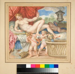 Liggande Danae med Cupids visade