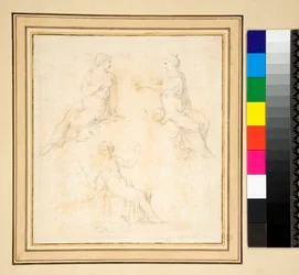 Tre kvinnofigurer sittande (penna)