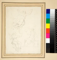 Två draperade kvinnofigurer sittande (penna)