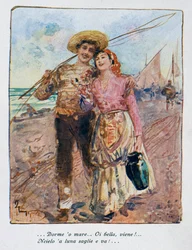 Tillbaka från fisket, illustration av Pietro Scoppetta (1863-1920), Italien, 1900-talet