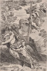 Maria Magdalena i öknen, ett kors som bärs av änglar till höger, ca. 1630.