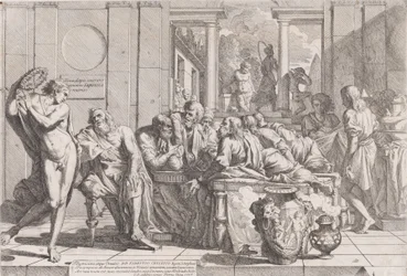 Platons symposium: Sokrates och hans följeslagare satt runt ett bord och diskuterade ideal kärlek..., 1648.