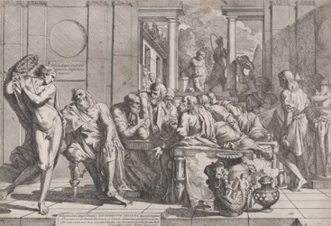 Platons symposium: Sokrates och hans följeslagare satt runt ett bord och diskuterade ideal kärlek..., 1648.