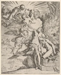 Isaks offer: en ängel trycker mot den dolkbärande armen av Abraham, som ..., ca.1645-50.