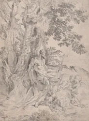 Saint Hieronymus före ett krucifix ackompanjerat av ett lejon och tre putti, ca. 1631-37.