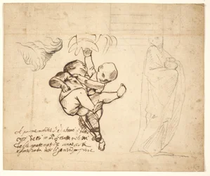 Studie för två lekande putti, löv och en draperad figur med en urna