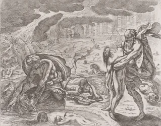 Syndfloden, figurer som dras upp ur vattnet, ca. 1640-42.