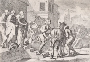 Den förlorade sonens avgång, som visas på väg att kliva upp på en häst, från en serie om fyra..., ca. 1645.