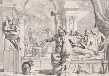 Den förlorade sonen sitter på en soffa och serveras vin, festglada i bakgrunden, en mo..., ca. 1645.