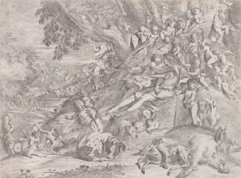 Venus och Adonis, omgivna av många putti, tillbakalutade efter jakten, med en död galt ..., 1631-37.
