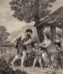 Romulus och Remus. Gravyr efter målningen av Pietro da Cortone. Gravyr från 1860.