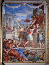 Allegori över de fyra tidsåldrarna, bronsåldersfresk av Pietro da Cortona (1596-1669), 1637, Salle du Poêle (Stanza della Stufa), Palatinska galleriet, Palazzo Pitti, Florens