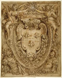 Arms of Don Taddeo Barberini, Principe di Palestrina (penna och bläck med tvätt och gouache på papper)