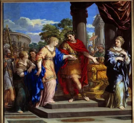 Cesar sätter Cleopatre tillbaka på Egyptens tron Jules Cesar ger Egyptens tron till Cleopatra, som han blev kär efter att ha besegrat farao Ptolemäus XIII år 47 f.Kr. Målning av sten av Cortona (Pietro Berrettini dit Pietro da Cortona (1596-1669). 16