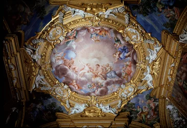 Cosimo I de Medicis (Cosimo I av Toscana) (1519-1574) Guide genom ära och dygd före Apollo (Cosimo I de Medici, storhertig av Toscana ledd framför Apollo av ära och dygd) Fresk av Pietro da Cortona (Berrettini) (1596-1669) Florens, Palazzo