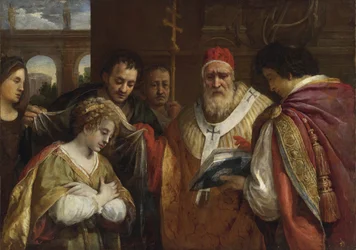 Flavia Domitilla (död efter 95) tar emot slöjan från påven Clemens I - Saint Domitilla tar emot slöjan från påven Clemens I av Cortona, Pietro da (1596-1669). Olja på duk, storlek: 123x172,7, , Privat samling