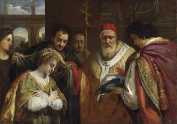 Flavia Domitilla eller Saint Domitilla (död efter 95) tar emot slöjan från påven Clemens I (Saint Clement of Rome, död omkring 99) - Saint Domitilla tar emot slöjan från påven Clemens I - Cortona, Pietro da (1596-1669) - Olja på duk - 123x172,7 - Privat