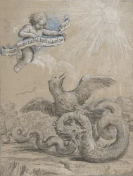 Design med en örn som slåss med en orm och en putto i himlen som håller..., 1600-talet.