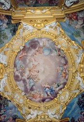 Sala di Apollo Hall of Apollo detalj av takdekoration föreställande Cosimo I deMedici 1519-74 presenteras för Apollo, ca 1647 fresk